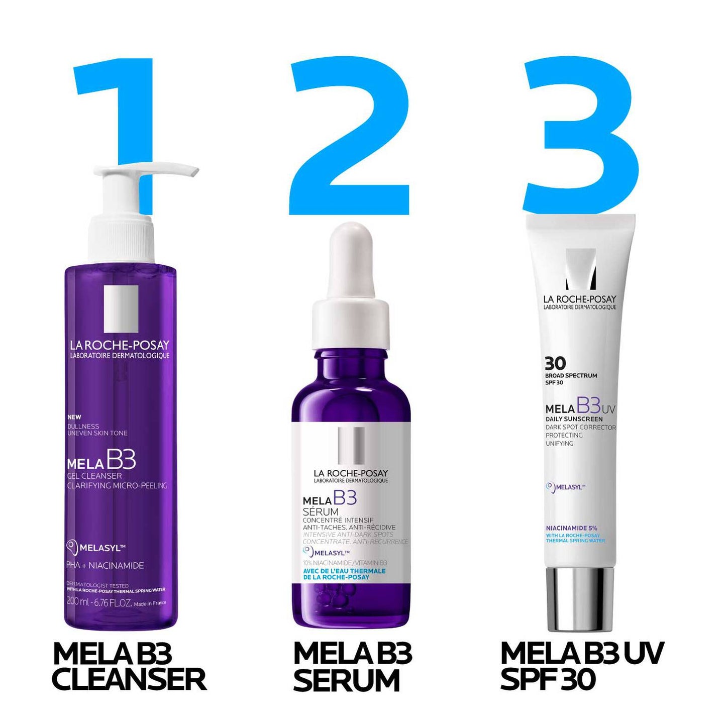 mela-b3-dark-spot-serum-with-melasyltm-niacinamide-f6 LaRochePosay-Product-MelaB3-MelaB3Cleanser-200ml-03337875890069-Routine_1500x1500_REV.jpg